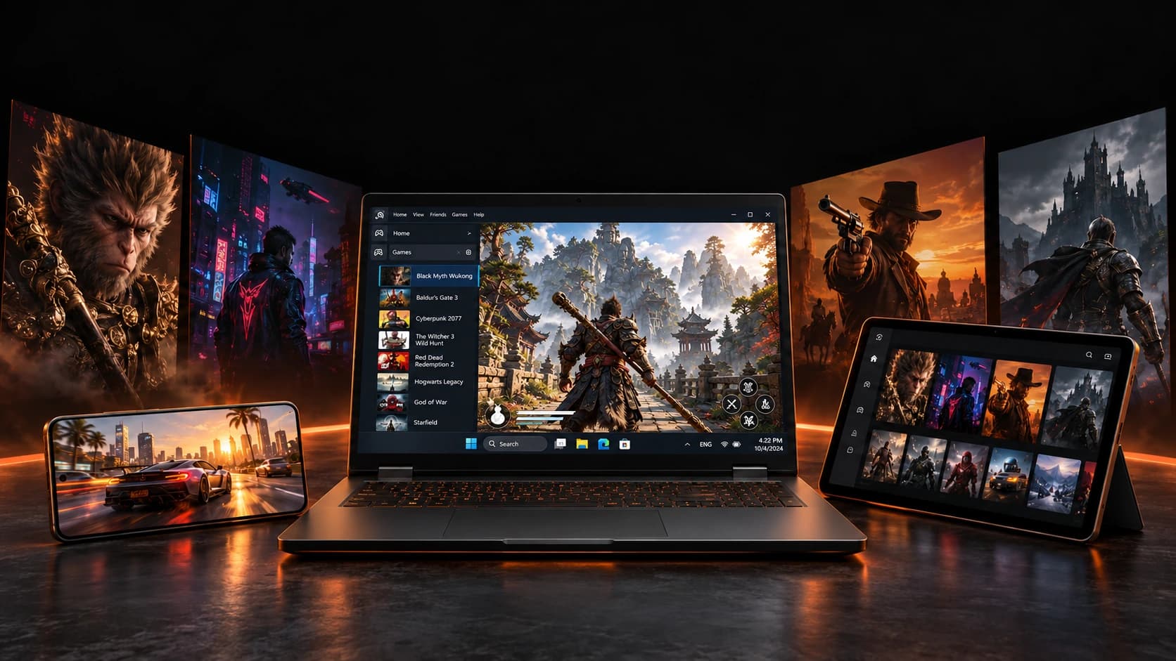 Pyra Cloud PC: Windows gaming laptop, Android phone and tablet displaying PC games.